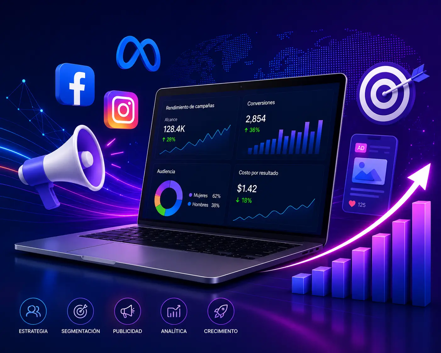 Marketing digital en Costa Rica con Meta Ads, Facebook, Instagram, analítica de campañas y estrategias de crecimiento.